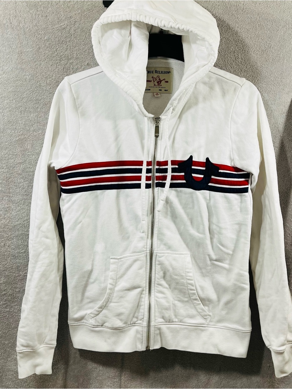 True Religion Full Zip Hoodie Men's Large Striped Logo Cotton Fleece